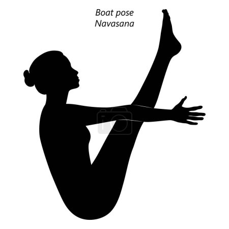 Téléchargez les illustrations : Silhouette de jeune femme pratiquant la pose de yoga Navasana. La pose du bateau. Difficulté intermédiaire. Illustration vectorielle isolée - en licence libre de droit