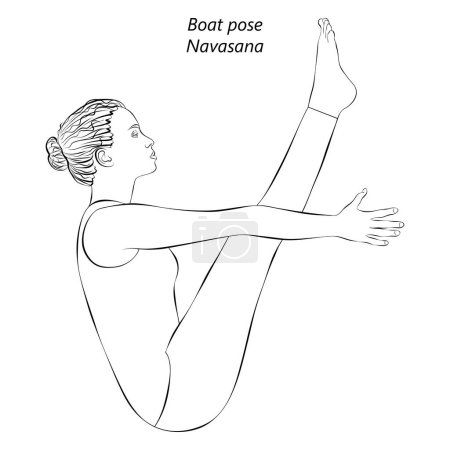 Bosquejo de mujer joven practicando la pose de yoga Navasana. Posar en barco. Dificultad intermedia. Ilustración vectorial aislada.