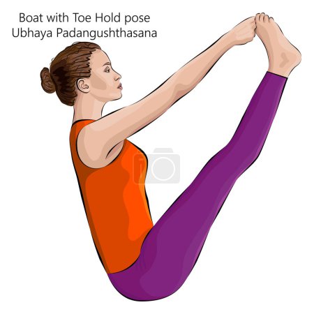 Ilustración de Mujer joven practicando la pose Ubhaya Padangushthasana. Barco con pose de Toe Hold. Ambos dedos de los pies grandes o doble pose de sujeción de dedo. Ilustración vectorial aislada. - Imagen libre de derechos