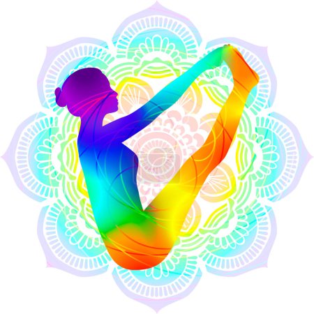 Colorful silhouette of woman practicing Ubhaya Padangushthasana pose. Boat with Toe Hold pose. Isolated vector illustration
