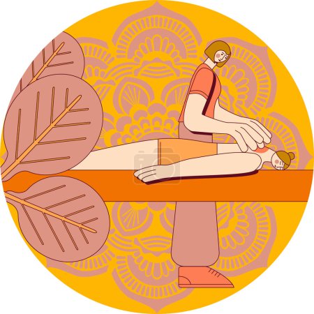 Trigger point massage therapy by professional therapist in spa. Isolated flat vector illustration in circle shape.