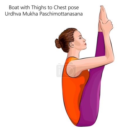 Young woman practicing Urdhva Mukha Paschimottanasana pose. Boat with Thighs to Chest pose. Intermediate Difficulty. Isolated vector illustration.