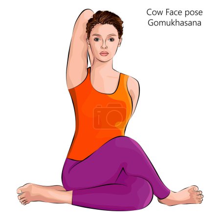 Téléchargez les illustrations : Jeune femme pratiquant la pose de yoga Gomukhasana. Face de vache pose. Difficulté intermédiaire. Illustration vectorielle isolée. - en licence libre de droit