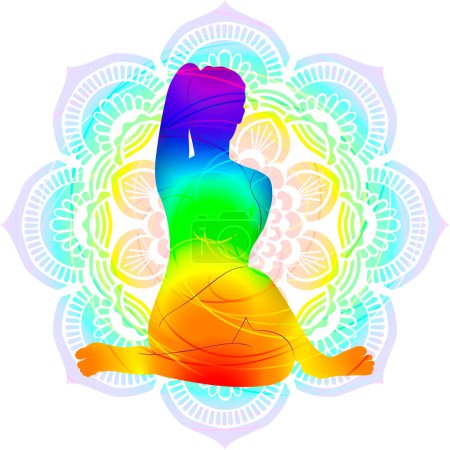 Bunte Silhouette einer Frau, die Gomukhasana Yoga praktiziert. Kuhgesicht-Pose. Mittlere Schwierigkeit. Isolierte Vektorillustration