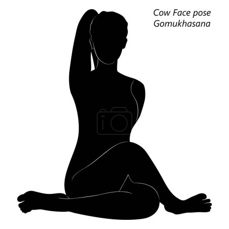 Téléchargez les illustrations : Silhouette de jeune femme pratiquant la pose de yoga Gomukhasana. Face de vache pose. Difficulté intermédiaire. Illustration vectorielle isolée - en licence libre de droit