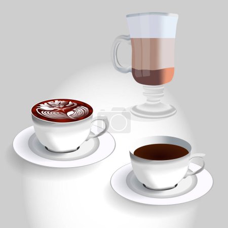 set of cups with coffee, cappuccino, latte, vector illustration
