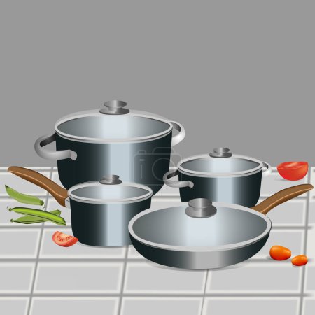 stainless cookware set vector illustration