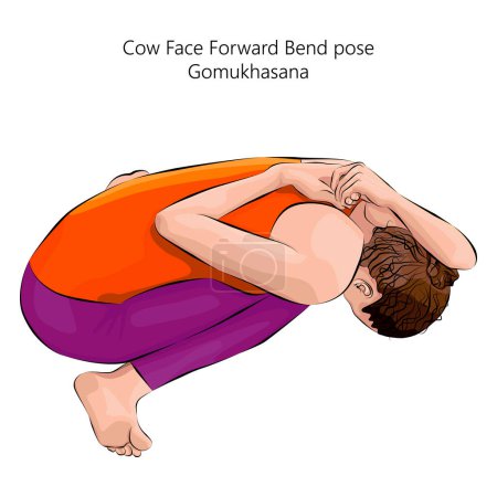 Téléchargez les illustrations : Jeune femme pratiquant la posture de yoga Gomukhasana. Difficulté intermédiaire. Illustration vectorielle isolée. - en licence libre de droit