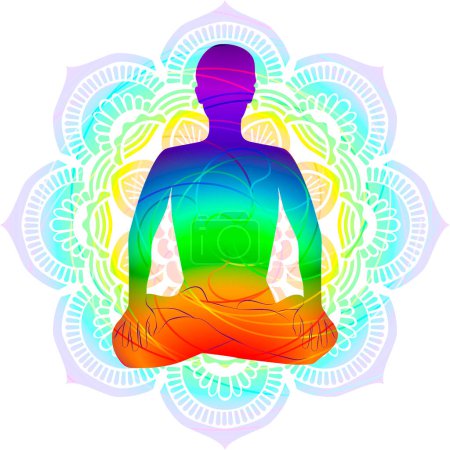 Colorful silhouette of woman practicing Padmasana yoga pose.Lotus pose. Intermediate Difficulty. Isolated vector illustration