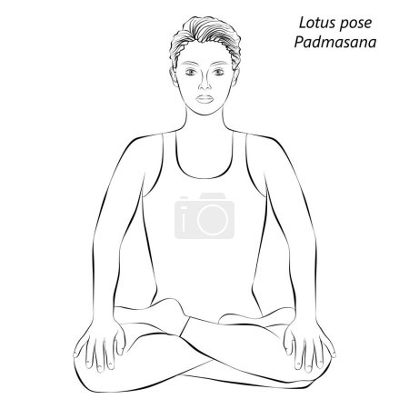 Bosquejo de mujer joven practicando Padmasana yoga pose.Lotus pose. Dificultad intermedia. Ilustración vectorial aislada.