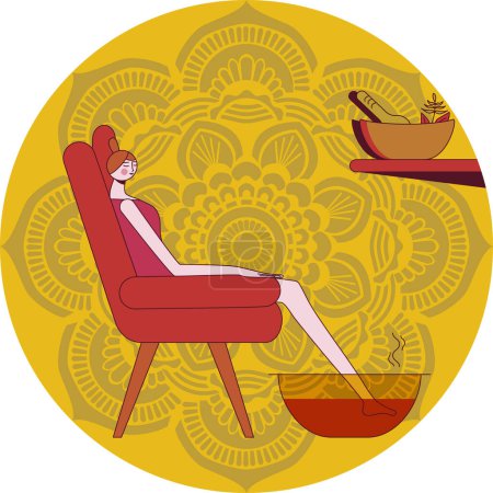 Foot baths with essential oils. Aromatherapy for legs. SPA design concept. Isolated flat vector illustration in circle shape.