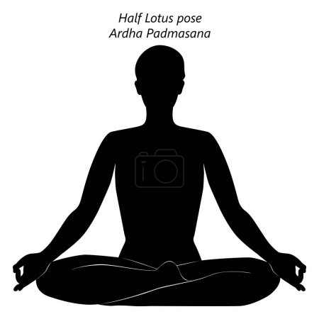 Silueta de mujer joven practicando la pose de yoga Ardha Padmasana. Mitad pose de Loto. Dificultad para principiantes. Ilustración vectorial aislada