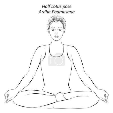 Bosquejo de mujer joven practicando la pose de yoga de Ardha Padmasana. Mitad pose de Loto. Dificultad para principiantes. Ilustración vectorial aislada.