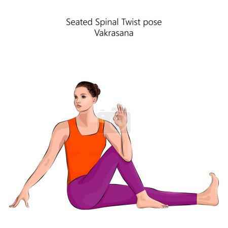 Junge Frau praktiziert Vakrasana Yoga Pose. Wirbelsäulenwirbelsäulenverdrehung im Sitzen. Mittlere Schwierigkeit. Isolierte Vektorillustration.