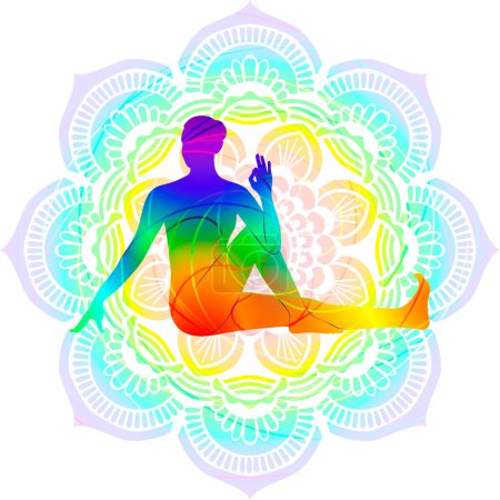 Colorida silueta de mujer practicando Vakrasana yoga pose. Postura de giro vertebral sentada. Dificultad intermedia. Ilustración vectorial aislada
