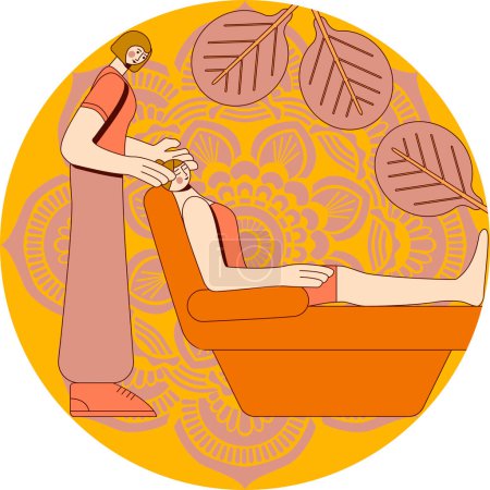 Facial massages. Treatments by professional therapist in spa. SPA design concept.  Isolated flat vector illustration in circle shape.