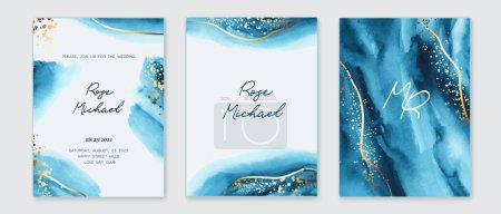 Illustration for Set of verical backgrounds with blue, turquoise watercolor texture. Water, ink texture imitation. Golden lines, splatters. Festive design for card, invitation, brochure, voucher. - Royalty Free Image