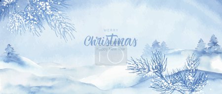 Illustration for Winter nature background. Blue watercolor landscape with snowy hills, trees, forest. Christmas greeting card. - Royalty Free Image