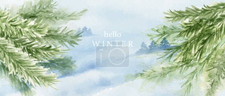 Winter holiday background. Blue watercolor wash, green plants, fir, spruce. Snowy hills, forest, landscape. Greeting card, invitation, flyer, cover print.