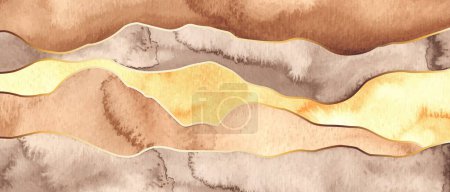 Illustration for Watercolor abstract background with brown, beige, yellow waves, golden lines. - Royalty Free Image