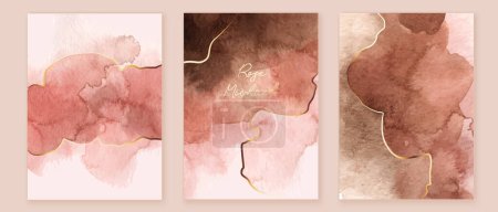 Illustration for Red, pink, brown  watercolor fluid painting. Vector abstract background design. Set of cards, covers, flyers with hand painted yexture and golden waves. - Royalty Free Image