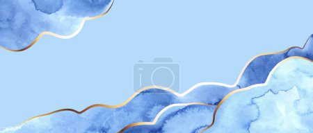 Illustration for Horizontal background with blue waves, clouds and golden lines. Abstract sea, ocean view. Elegant, chic backdrop, cover, card, invitation, business style design. - Royalty Free Image