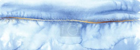 Illustration for Blue watercolor abstract background with golden line, gold glitter, dots. Ink wash. - Royalty Free Image