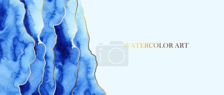 Illustration for Horizontal background with blue waves and golden lines. Abstract sea, ocean view. Elegant, chic backdrop, cover, card, invitation, business style design. - Royalty Free Image