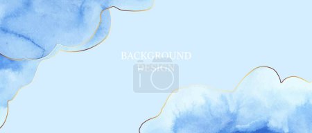 Illustration for Horizontal abstract blue watercolor spots and golden lines background. Blue, turquoise, white watercolor - Royalty Free Image