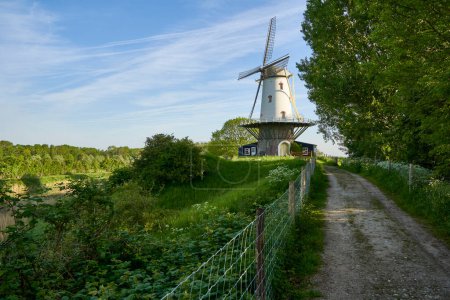 Moulin à vent (de koe) devant un ciel bleu du matin. Bâtiment technique de la culture hollandaise dans la nature. Paysage avec clôture et sentier de randonnée. Pays-Bas, Zélande, Dombourg.