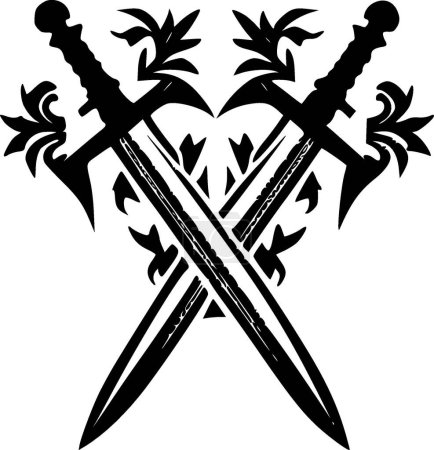 Ilustración de Espadas cruzadas - icono aislado en blanco y negro - ilustración vectorial - Imagen libre de derechos
