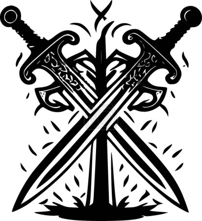 Crossed swords - black and white vector illustration