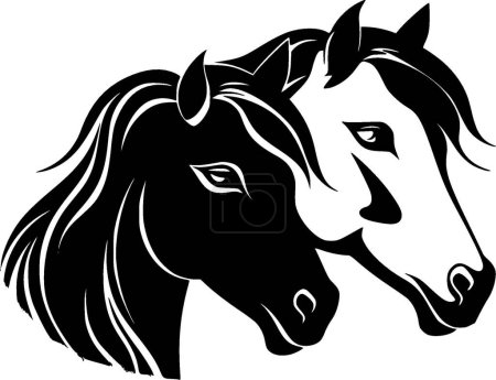 Horses - black and white isolated icon - vector illustration