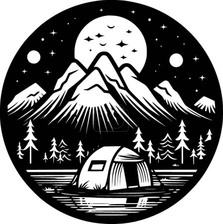 Téléchargez les illustrations : Camping - illustration vectorielle noir et blanc - en licence libre de droit
