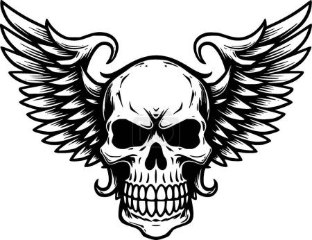 Illustration for Skull with wings - black and white vector illustration - Royalty Free Image