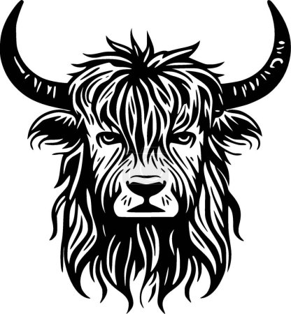Highland cow - black and white vector illustration