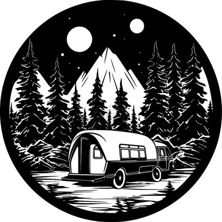 Camping - ilustración vectorial en blanco y negro