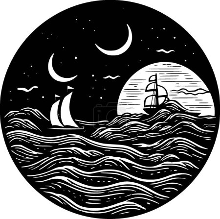 Sea - black and white vector illustration
