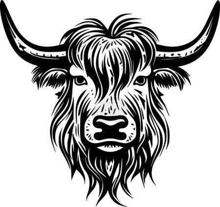 Highland cow - black and white isolated icon - vector illustration