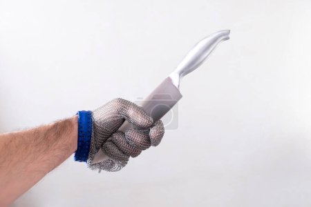 eine Hand mit Schutzhandschuh, Handschuh des Metzgers aus metallischem Drahtgeflecht, hält ein Küchenmesser an der scharfen Kante, Schnittschutz, waagerecht
