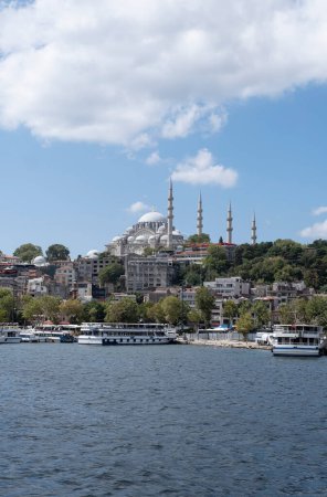 skiline of the city of Istanbul, with the Suleymaniye Mosque seen from the bosporus, sailboat over the Bosphorus, Suleiman mosque, vertical