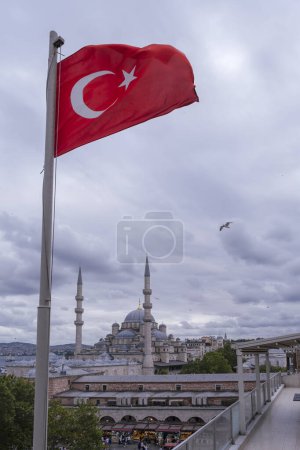 a large Turkish flag waving in the foreground, with the Suleiman Mosque in the background, some seagull flying in a cloudy sky, turkish and istanbul symbols, vertical