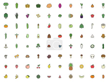 Téléchargez les illustrations : Ensemble d'icônes d'illustration de légumes, fruits et champignons simples colorés - en licence libre de droit