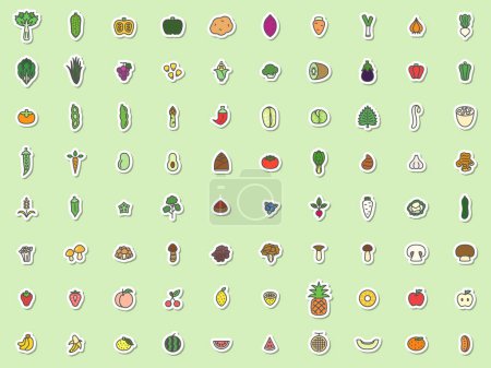 Téléchargez les illustrations : Sticker style légume simple, fruit et champignon illustration icône ensemble - en licence libre de droit