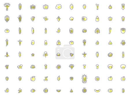 Téléchargez les illustrations : Décrivez ensemble d'icônes d'illustration simples pour légumes et fruits et champignons - en licence libre de droit