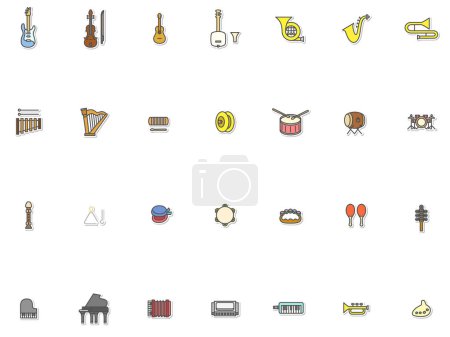 Illustration for Sticker style musical instrument illustration icon set - Royalty Free Image