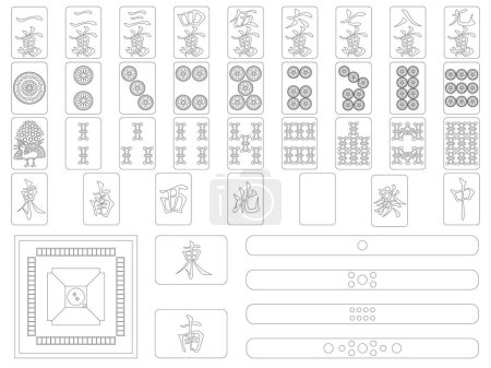 Téléchargez les illustrations : Ligne dessin mahjong ensemble de tuiles - en licence libre de droit