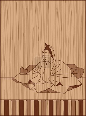 Illustration for Wood carving style Hyakunin Isshu Emperor Tenji - Royalty Free Image