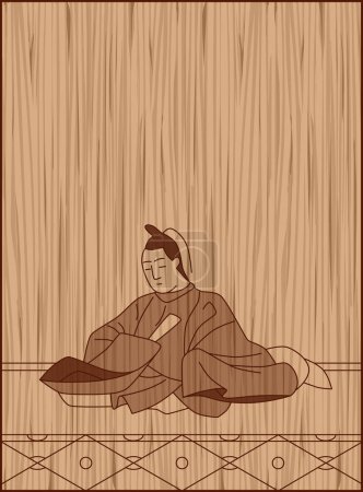 Illustration for Wood carving style Hyakunin Isshu by Minamoto Kanemasa - Royalty Free Image