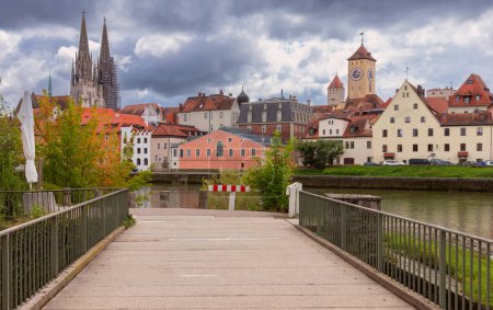 Photo for Regensburg. Old colorful houses on the city embankment along the Danube River. - Royalty Free Image